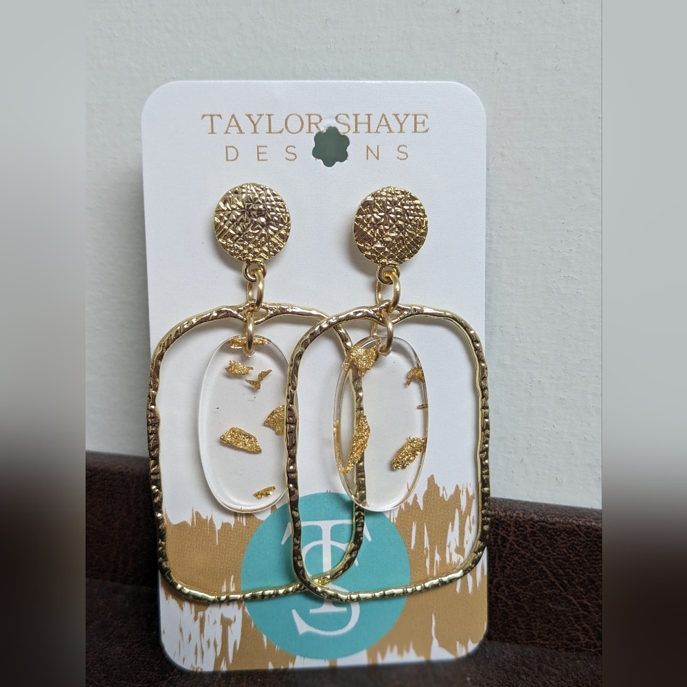 Taylor Shaye Gold Leaf Oval Rectangle Hoop Earrings